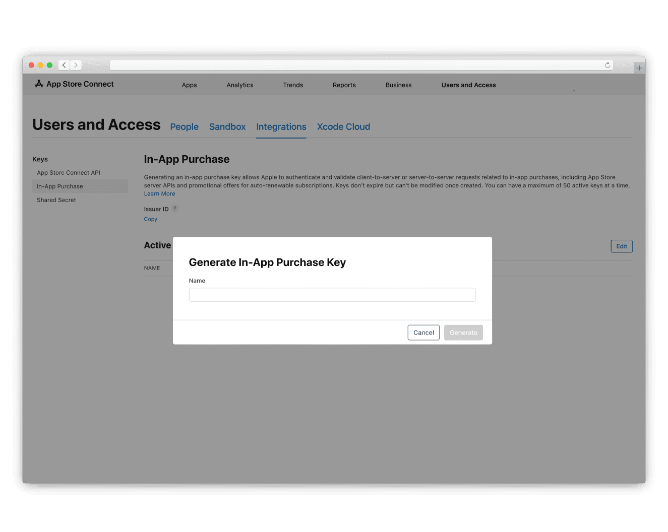 Generate API key in App Store Connect