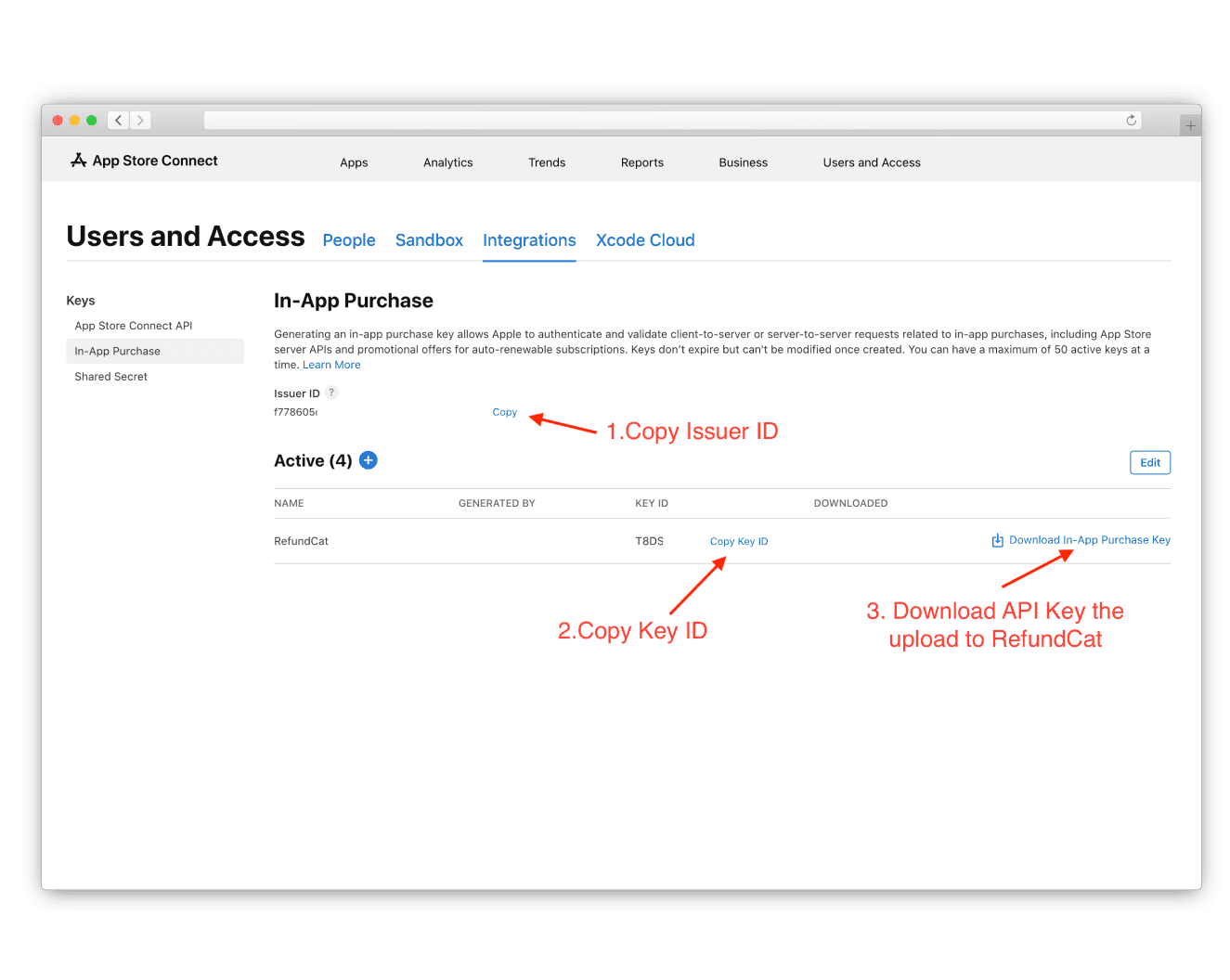 Copy Issuer ID, Key ID and download API key file