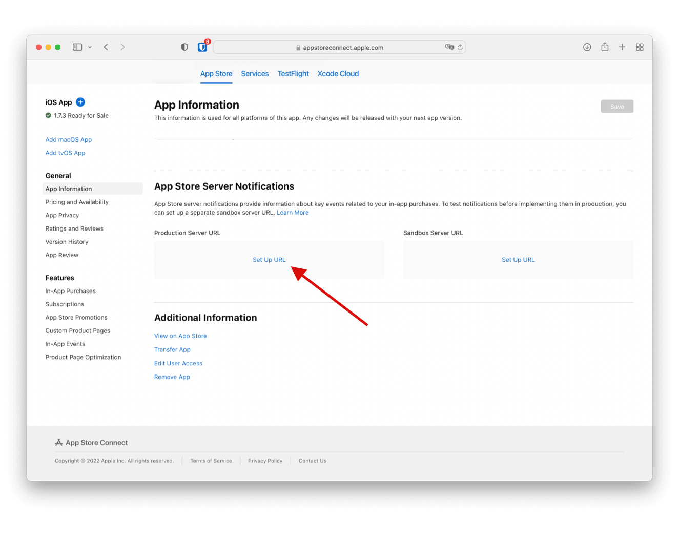 Open App Store Server Notifications configuration
