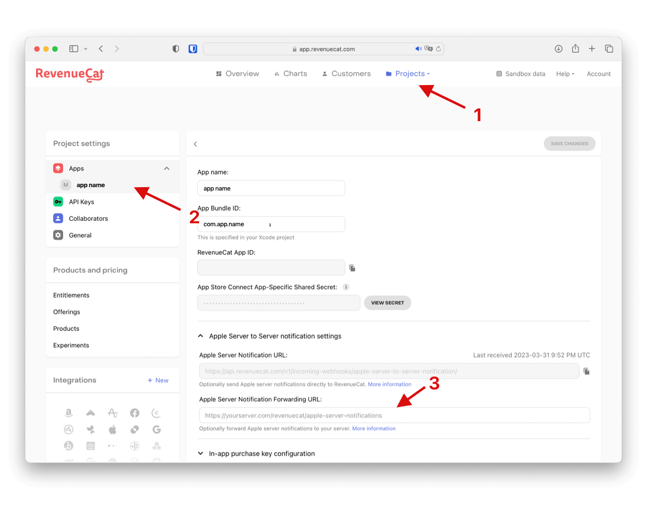 Configure RevenueCat Apple Server Notifications forwarding URL
